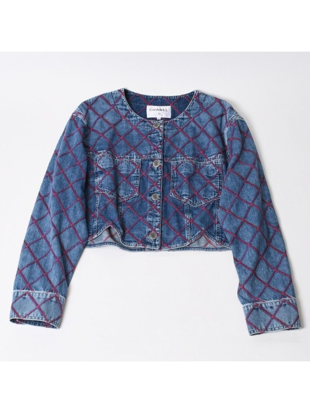 Chanel Collarless Denim Jacket CC Logo Stitch Blue